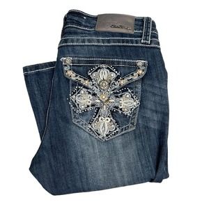 GRACE In LA Womens Darkwash Bootcut Easy Fit Cross Back Pockets Size 28